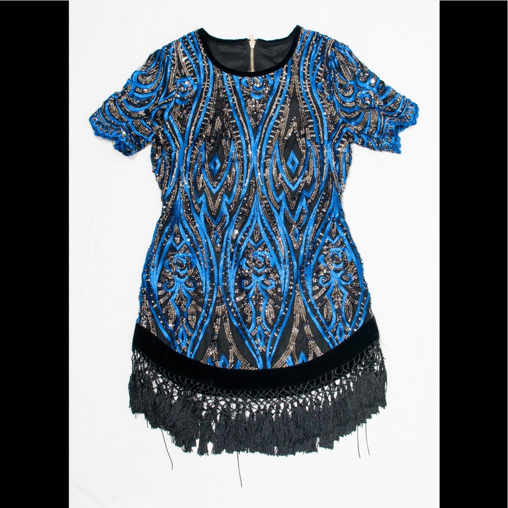 cobalt and silver sequin dress with tassel hem